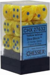 Chessex D6 16mm 12 Dice Set Vortex Yellow With / Blue CHX 27632